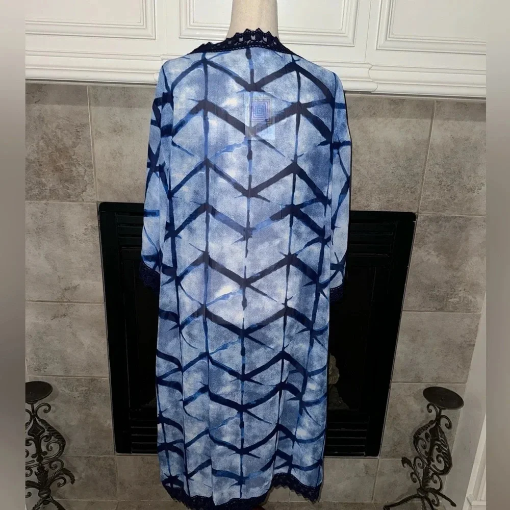 NWT LulaRoe Blue White Ocean Water Long Duster Crochet Lace Trim Womens M